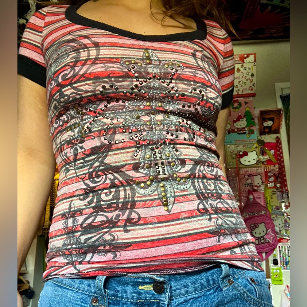 Pink and white striped Y2k baddazled short sleeve top